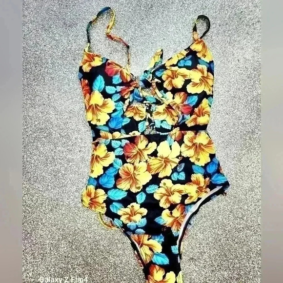 NWOT FLORAL LACE UP /CUT OUT SWIM SUIT - Picture 1 of 6
